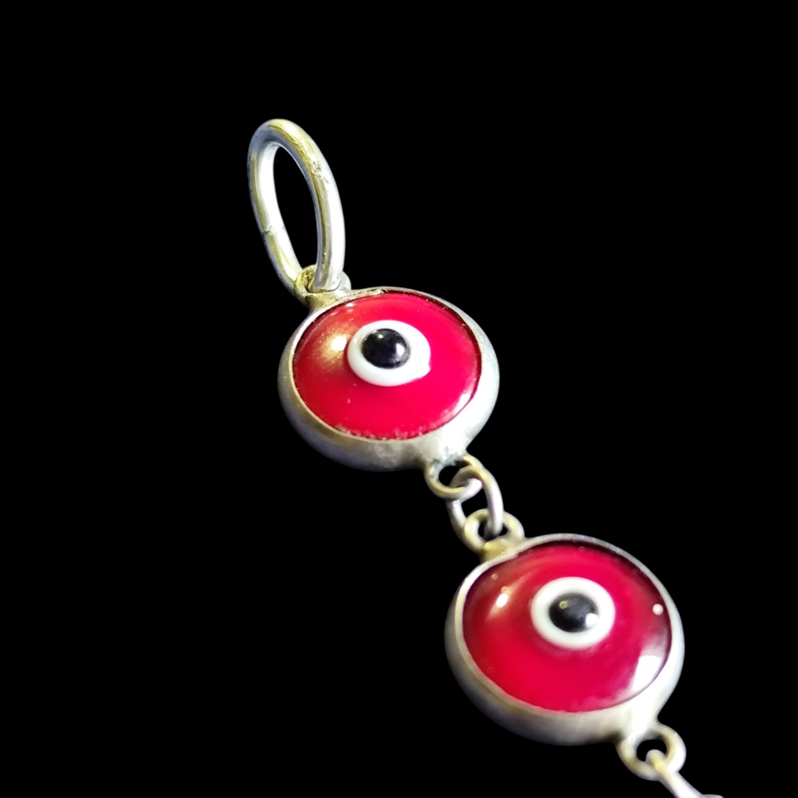 Vtg Sterling Silver Bezel Set Red Art Glass Evil Eye Dangle Drop Pendant Charm