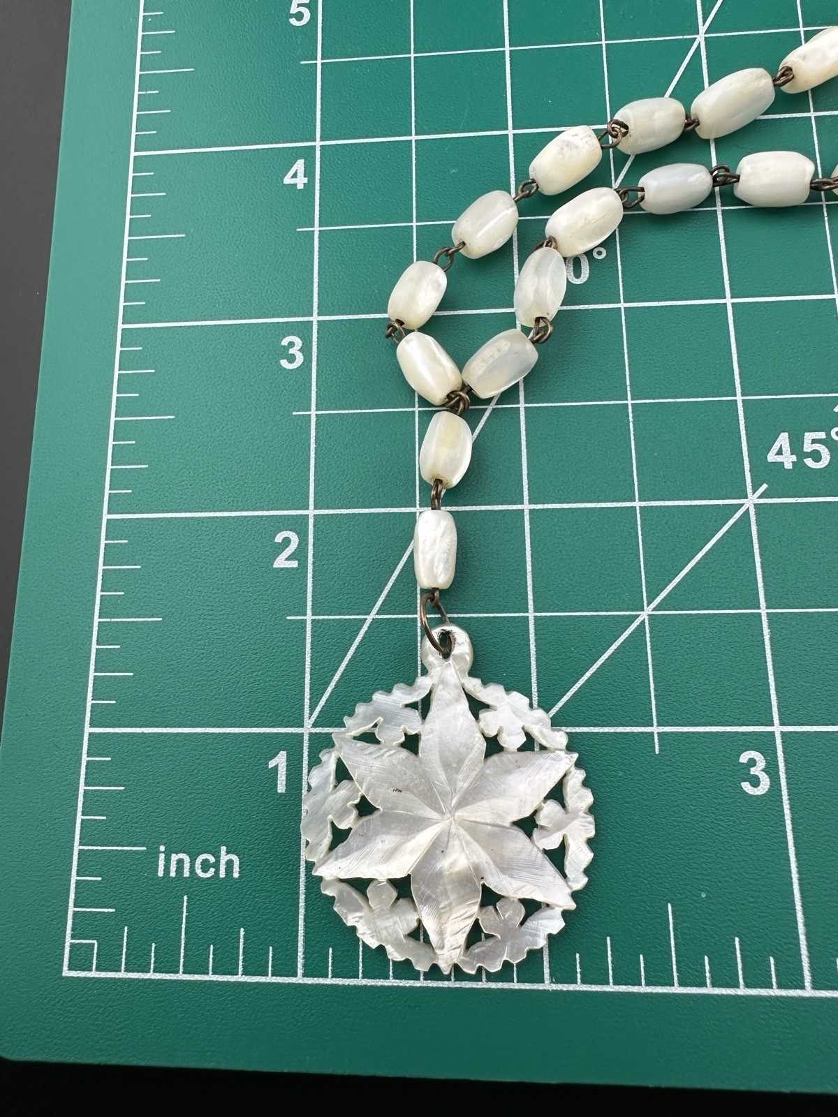 Antique Hand Carved Mother Of Pearl Star Beaded Pendant Necklace – Rosary