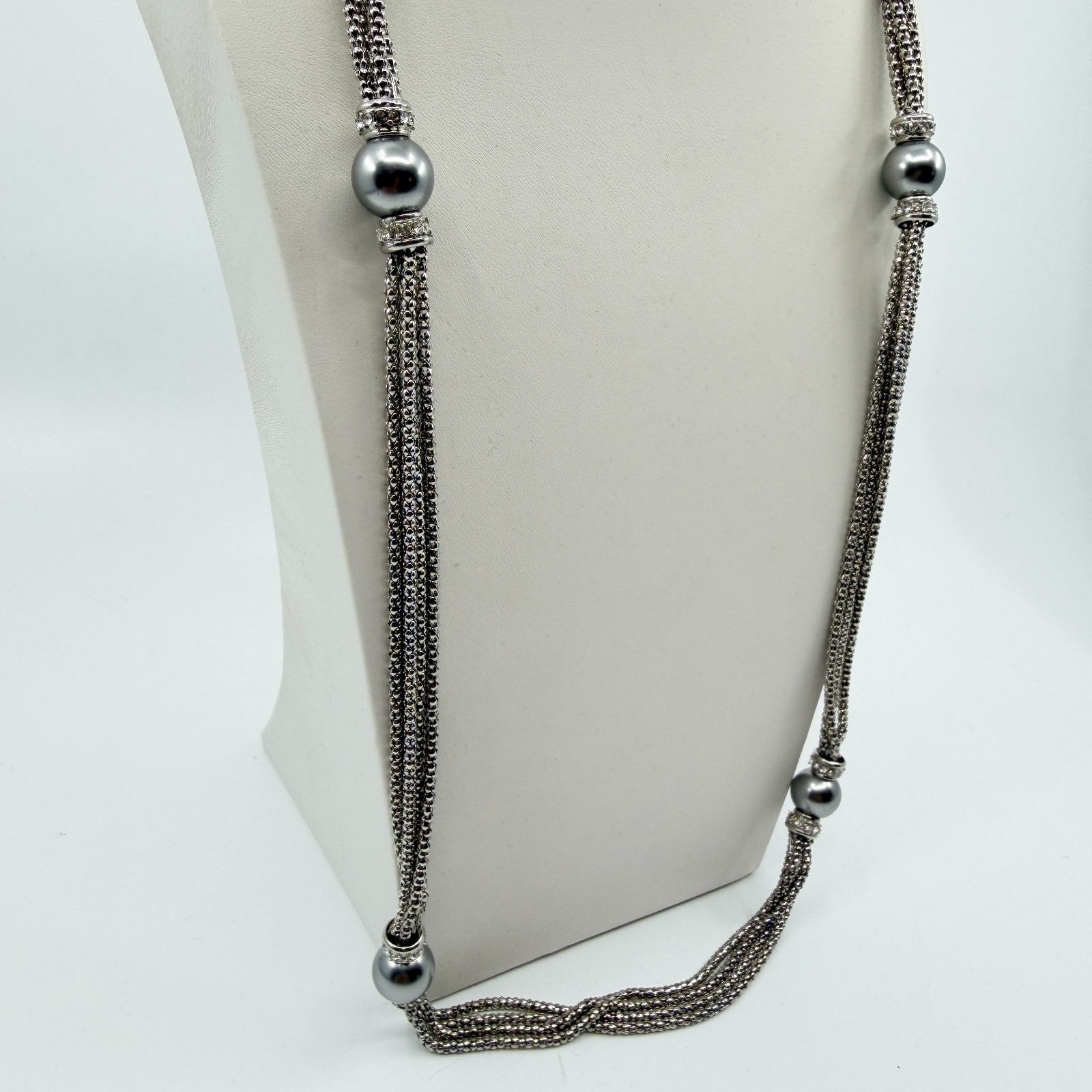 VTG Silver Tone Multi Strand Popcorn Chain Necklace Round Ball Bead Rhinestone