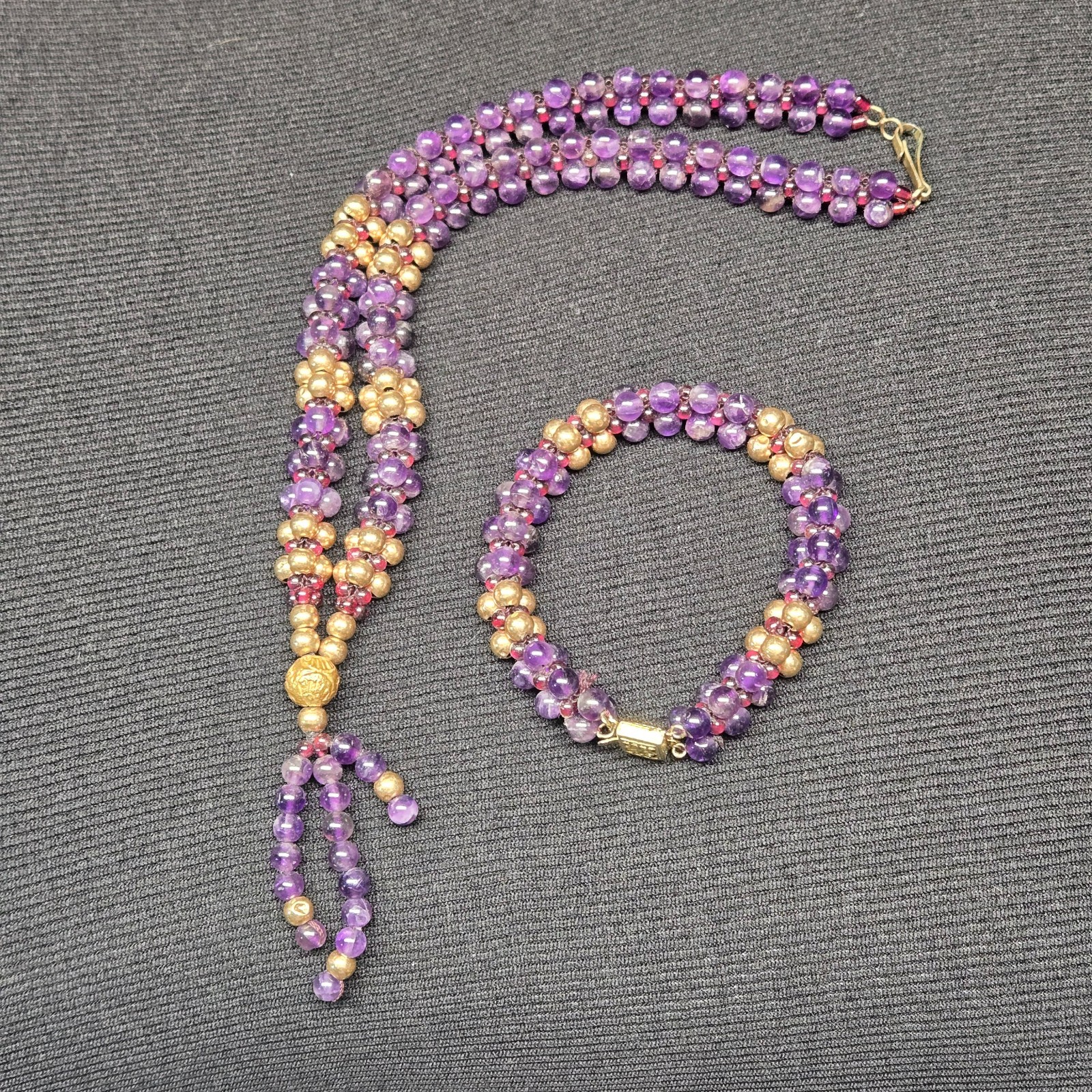 Vintage Purple Gold Bead Necklace Bracelet Set Multi-Strand Jewelry Lot