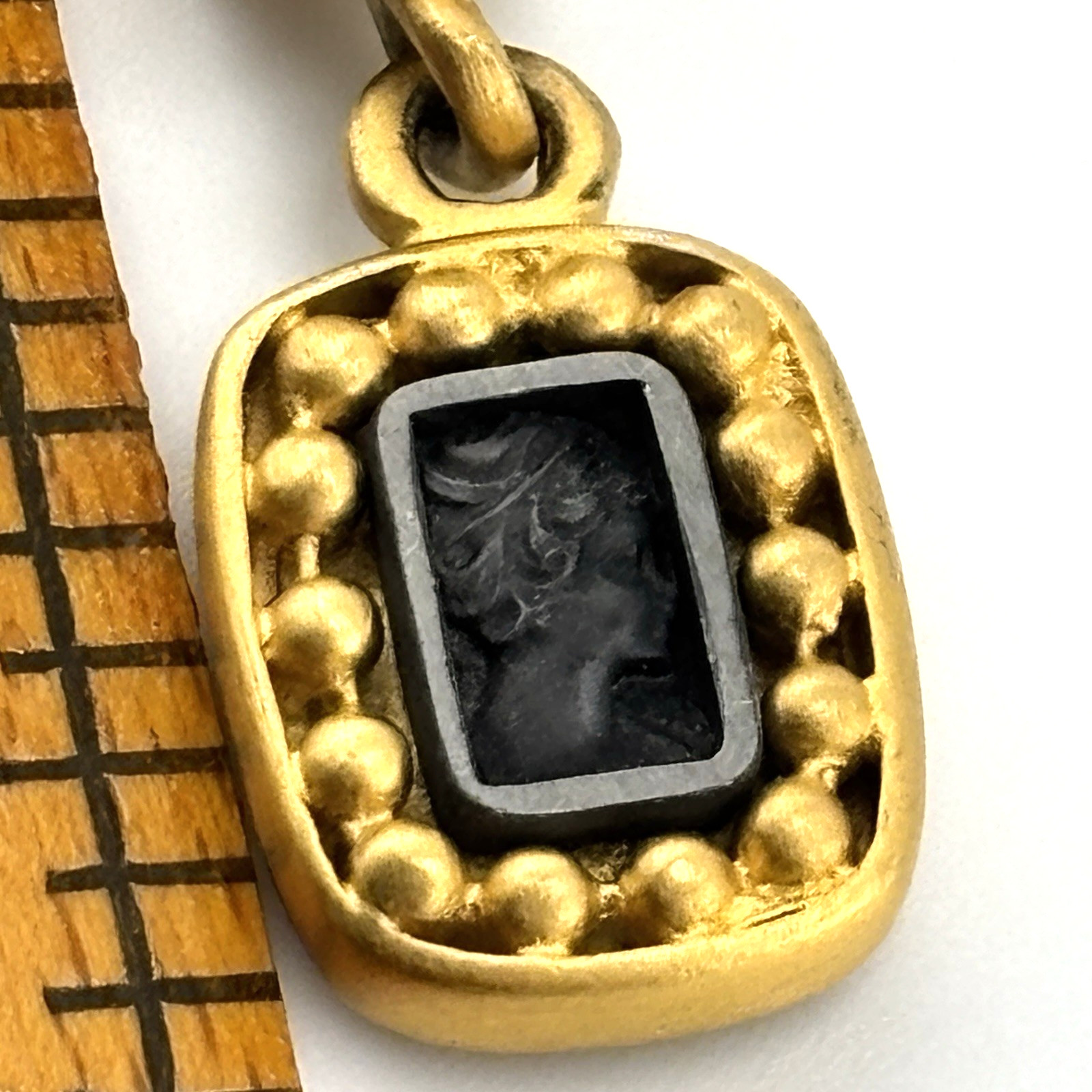 Vintage Carlisle Black Cameo Pendant Brushed Gold Tone Large Bail Signed