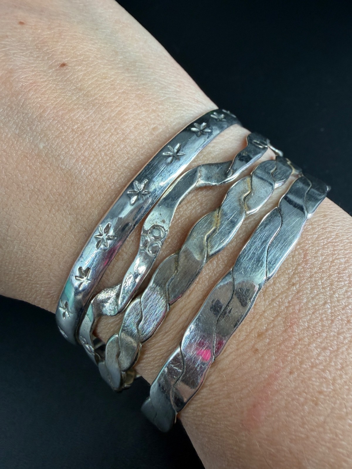 Vtg Sterling Silver Bangle Stack 4 Twist Etched Star Boho Bracelets Mexico 59g