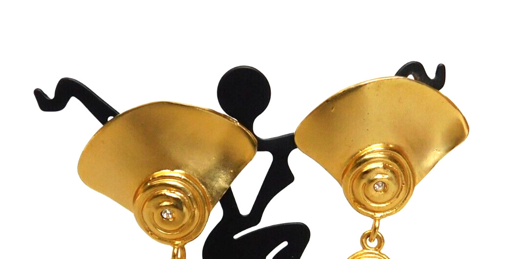 Vintage 1980’s Matte Gold Fan Linking Dangle Pierced Earrings Rhinestone