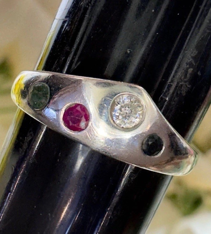 Vintage Custom Made Sapphire Emerald Ruby Sterling Silver Band Ring