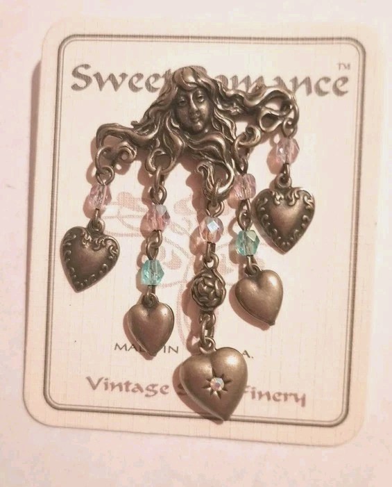 Sweet Romance Vintage Victorian Medusa W/Dangling Beads & Heart Charms Brooch