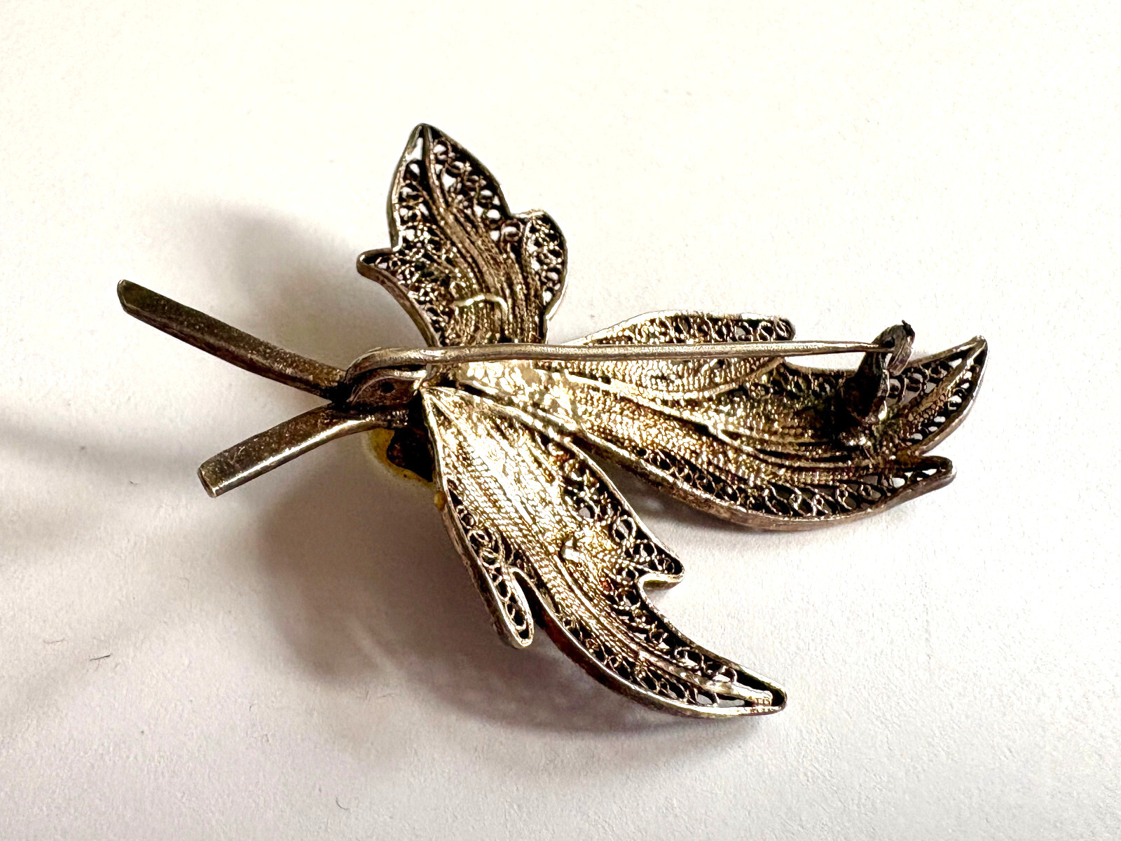 Antique Cannetille Sterling Silver Brooch Faux Pearl Leaf Filigree Pin