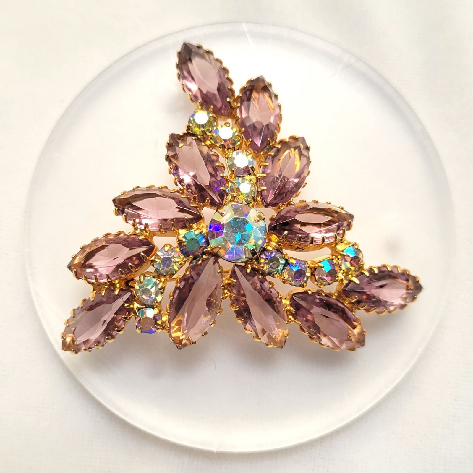 Vintage Lavender Navette Rhinestone Floral Spray Brooch AB Gold Tone 1960s