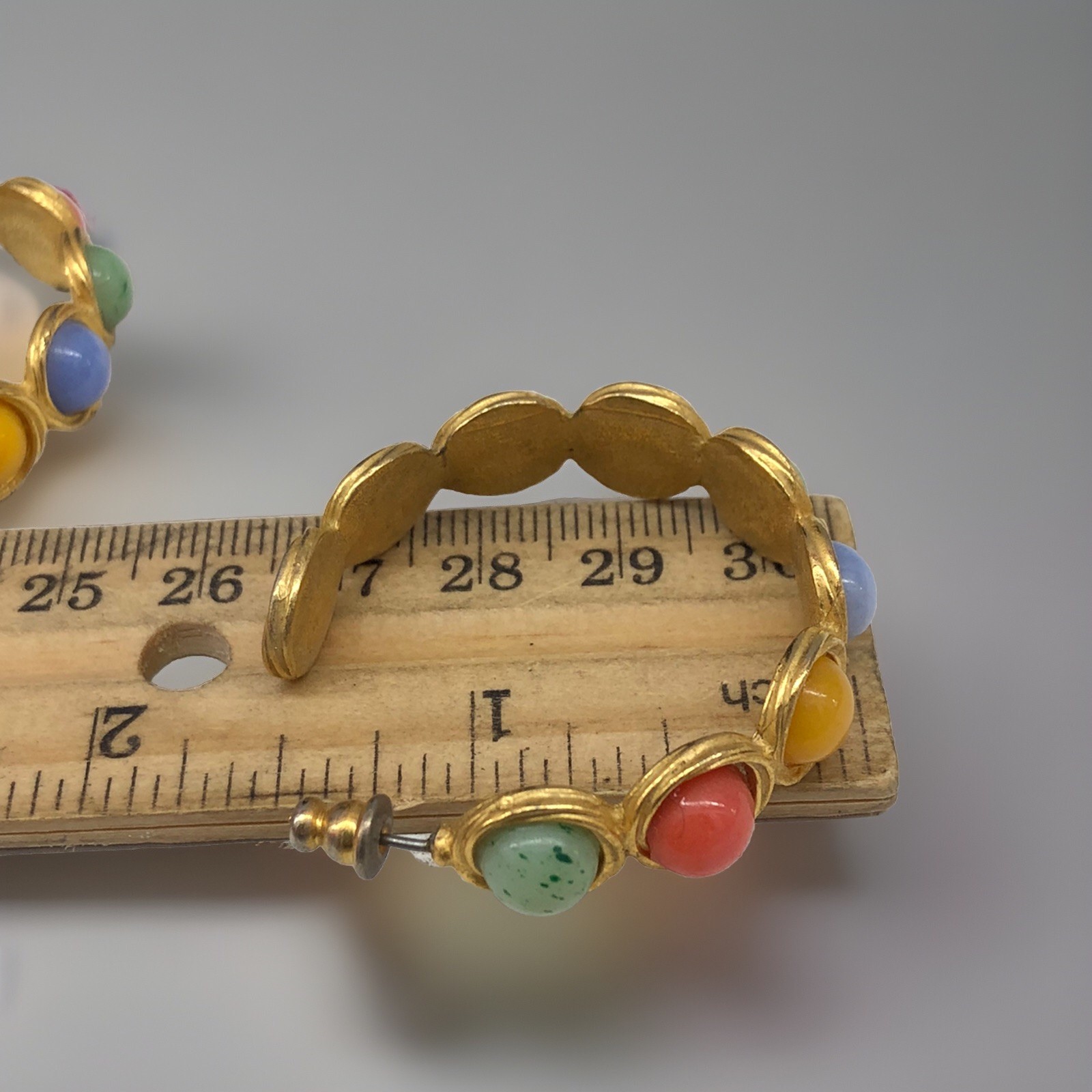 Vintage Multi Color Pastel Bead Cabochon Earrings Gold Tone 1.5” Pierced