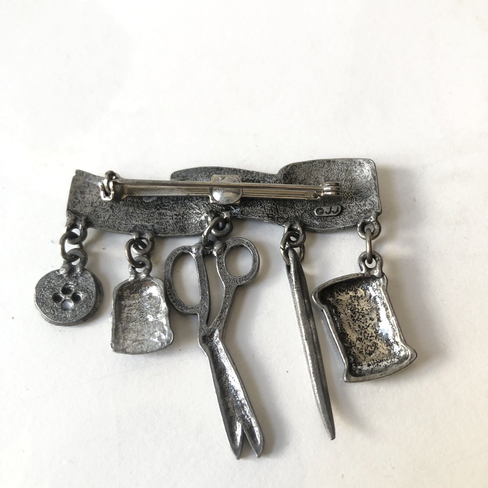 Vintage Sewing Theme Brooch Pin Tape Measure Scissors Thread Button Thimble