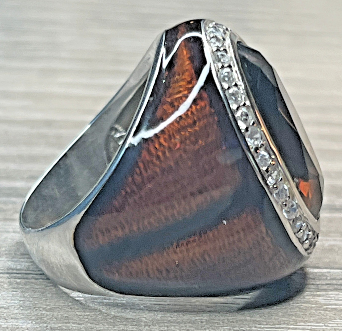 Men’s Vintage Pinky Ring Huge Brown Stone Enamel Rhinestone Halo Silvertone DBJ