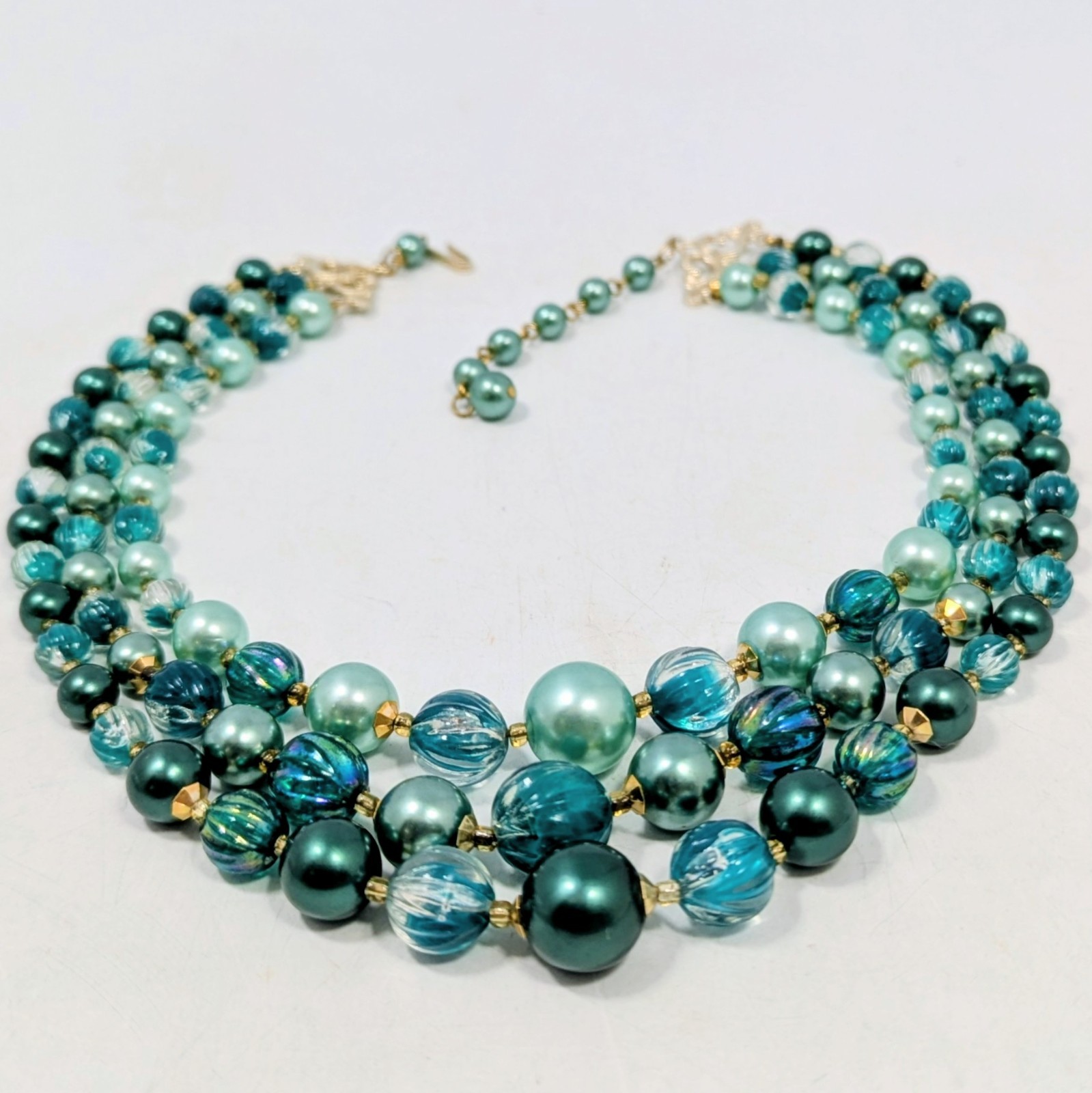Vintage Teal Blue Multi Beaded 3 Strand Hong Kong 15-17″
