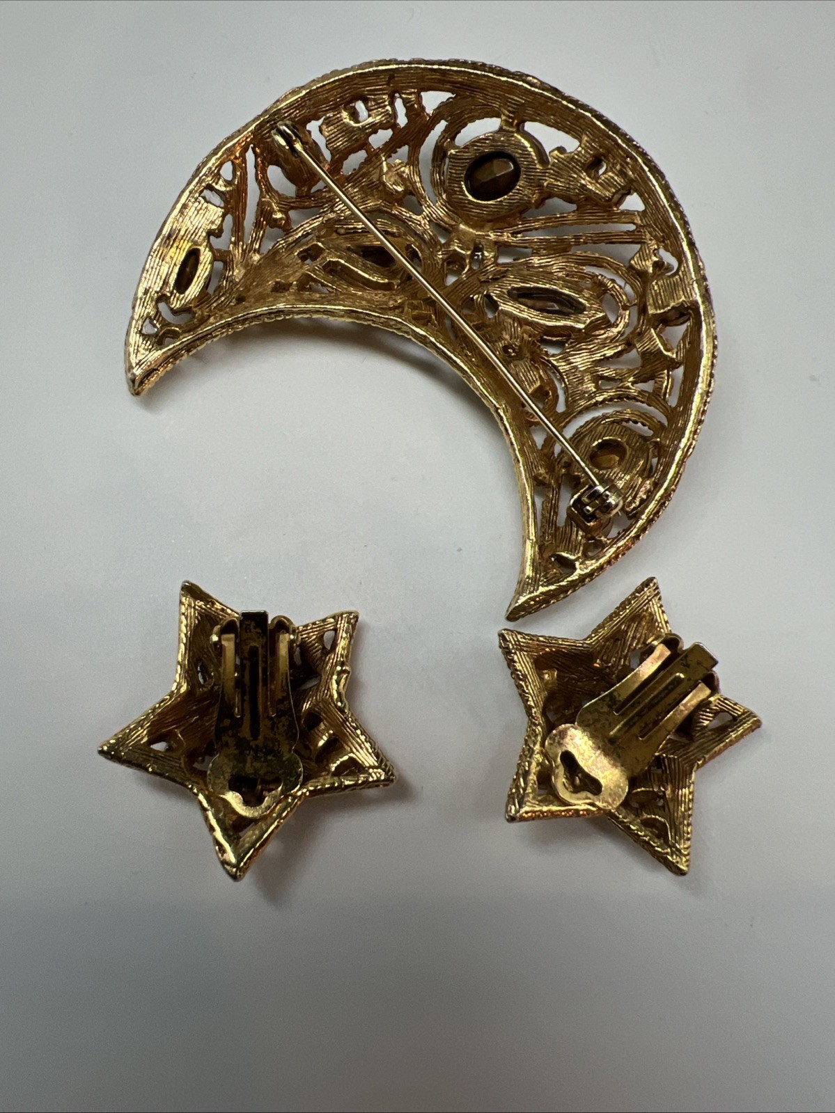 Vtg La Roco Paisley Crescent Half Moon Brooch & Star Earrings Witchy Dark Amber