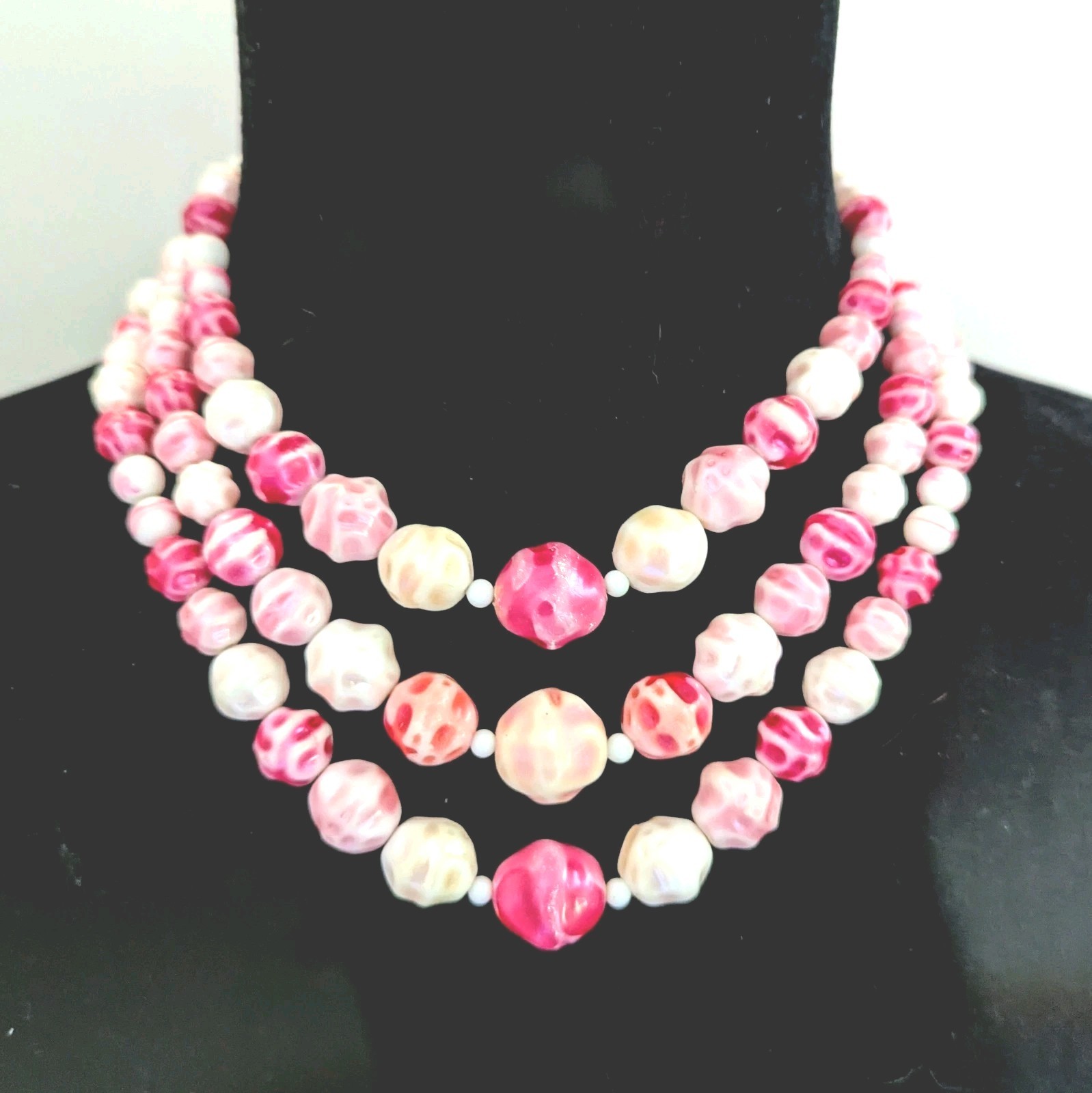 Lucite Hand Painted Pink Beads 3 Strand Vintage Necklace Japan 15-17″