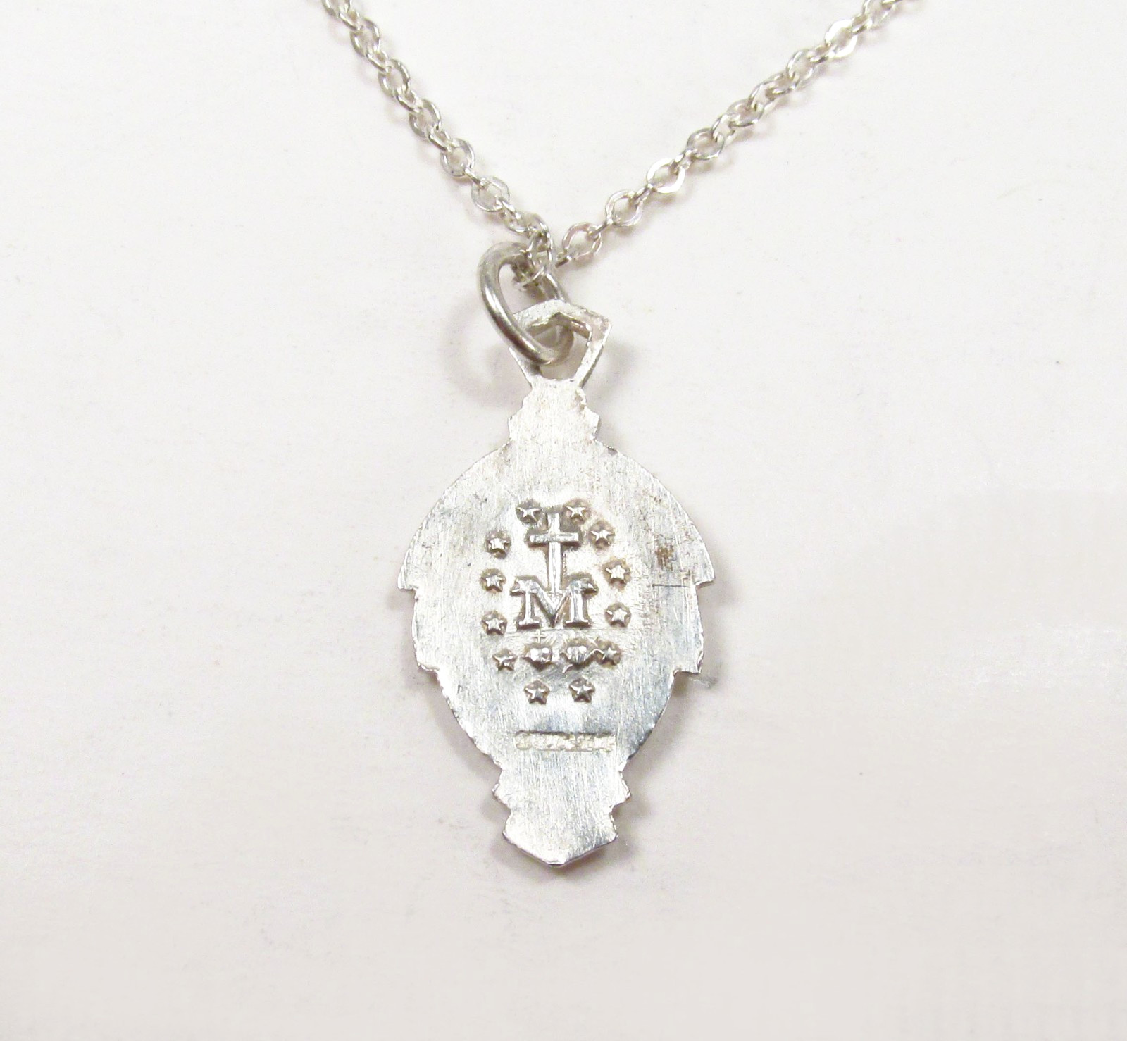 Vtg Catholic Miraculous Medal Sterling Silver Blue Enamel Art Deco Necklace 18″