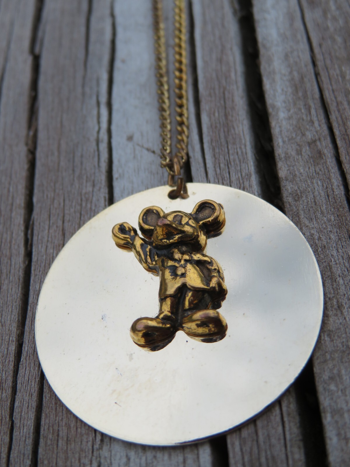 Vintage Walt Disney Micky Mouse Mirror Disc Pendant Charm Necklace Chain