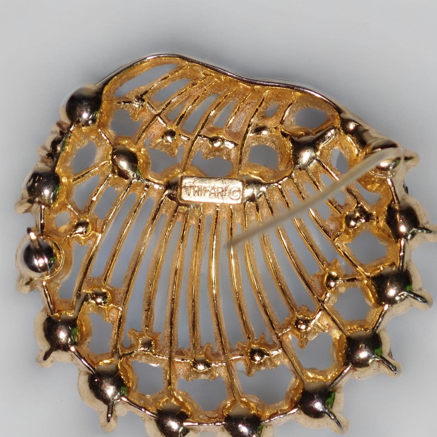 Crown Trifari Brooch with Faux Pearl & Rhinestone Accents Seahell Signed Pin