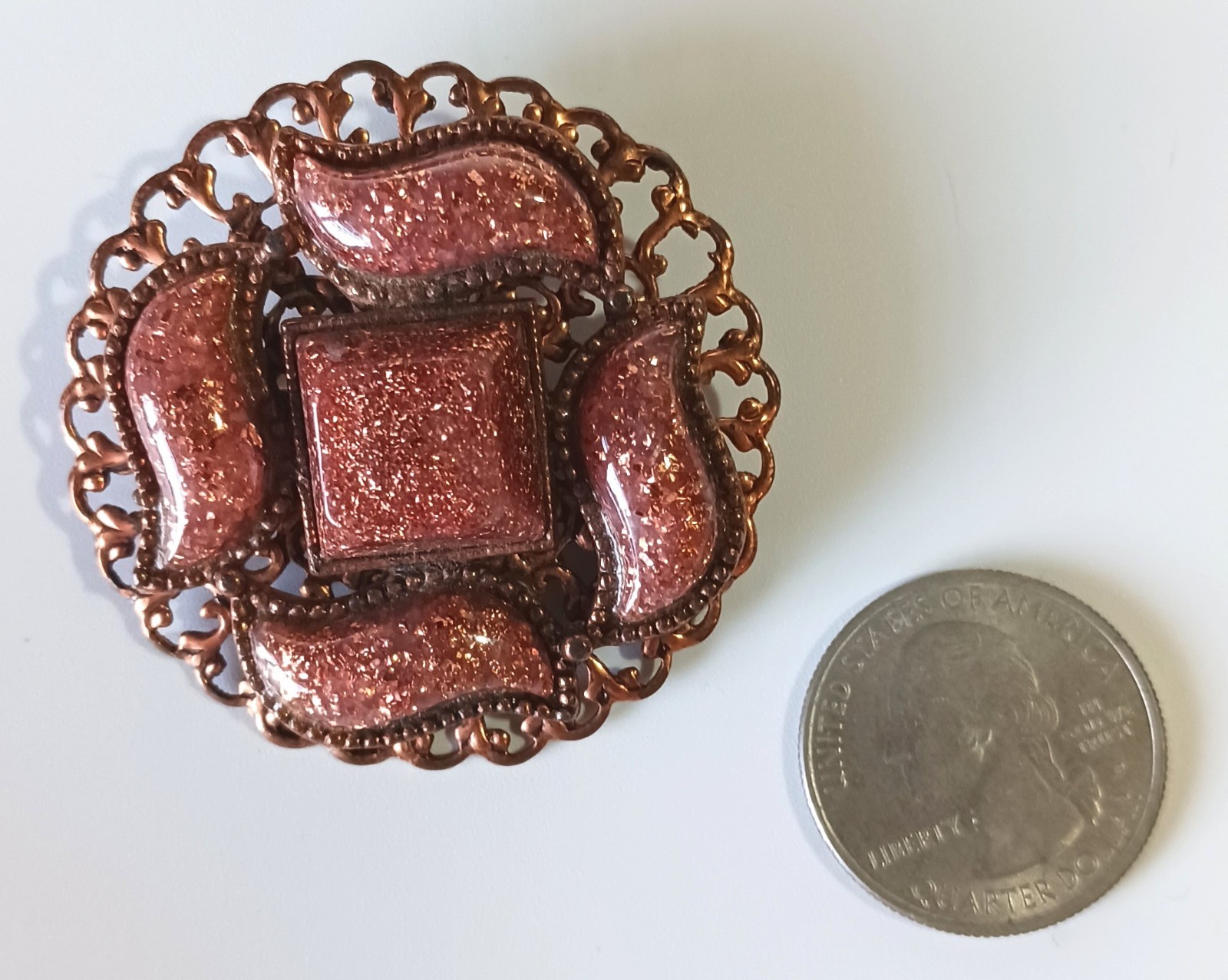 Vintage Filigree Copper? Brooch w Smooth Raised Speckled Goldstone-style Cabs