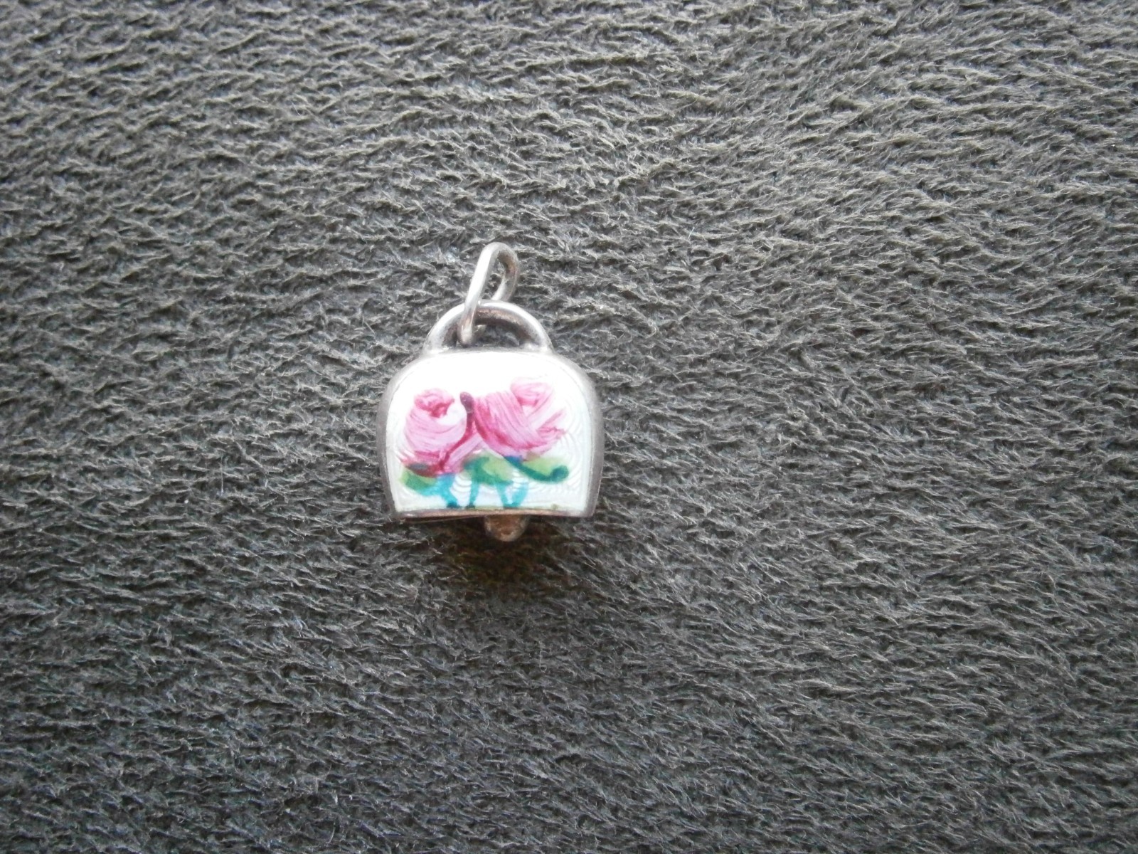 TINY Rose Flowers Cow Bell Vintage 800 Silver Guilloche Enamel Charm Pendant