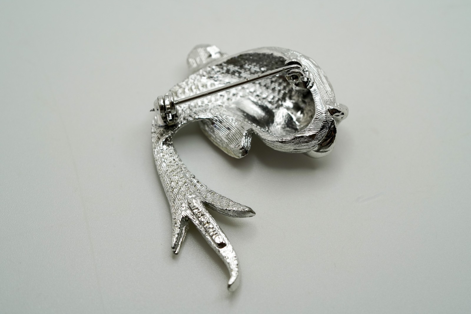Vintage Silver Tone Rhinestone Mythological Fish Brooch Signed 4.8cm JB45