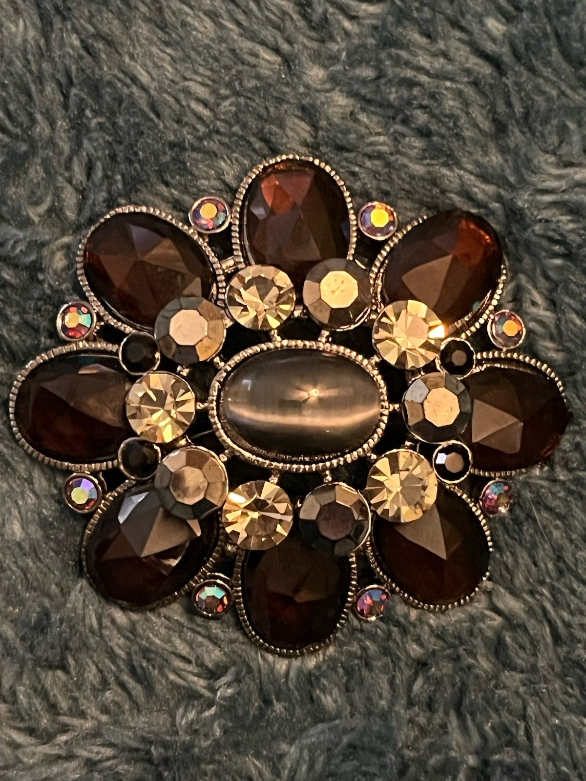 Jappaned Brooch Flower Faceted Brown, Black & Clear Rhinestones Tiger Eye Center