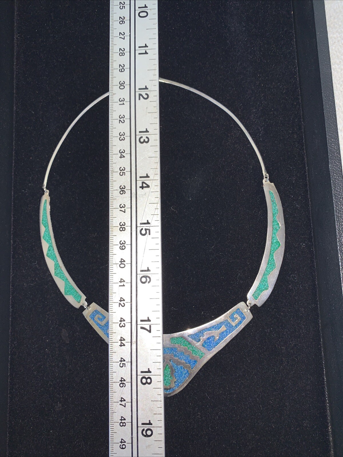 Vintage Alpaca Mexico Turquoise Mosaic Inlay Necklace