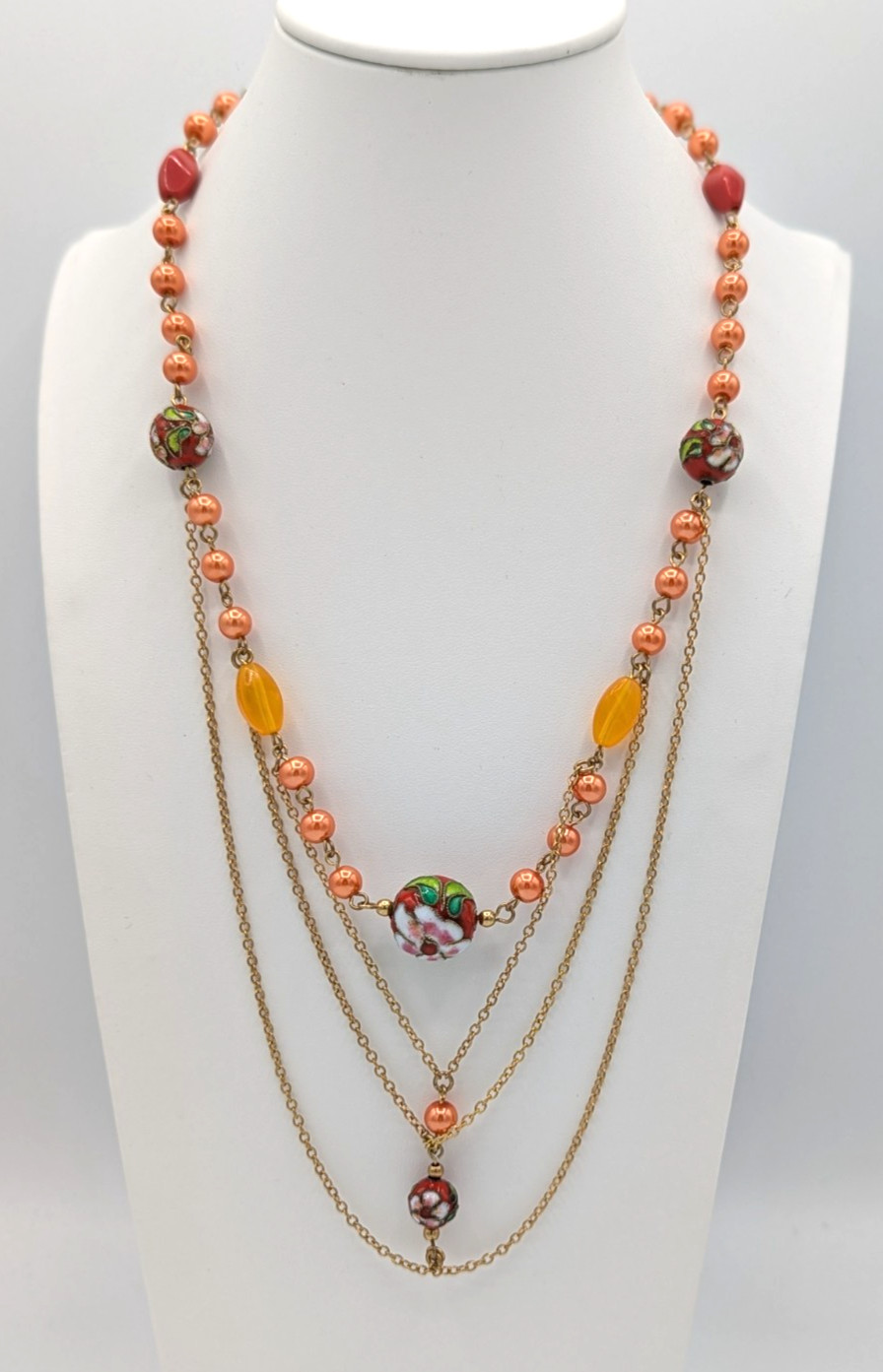 Cloisonne Beaded Festoon Necklace Floral Peach Orange Multi layered Gold Chains