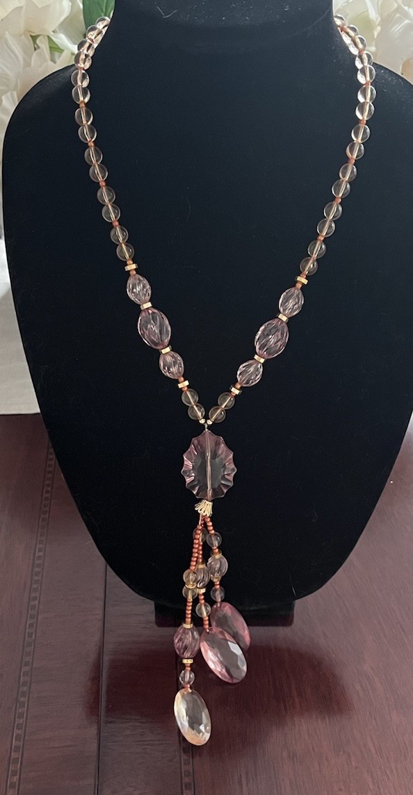 Vintage Lucite Faceted Beaded Blush Pink Tassel Necklace
