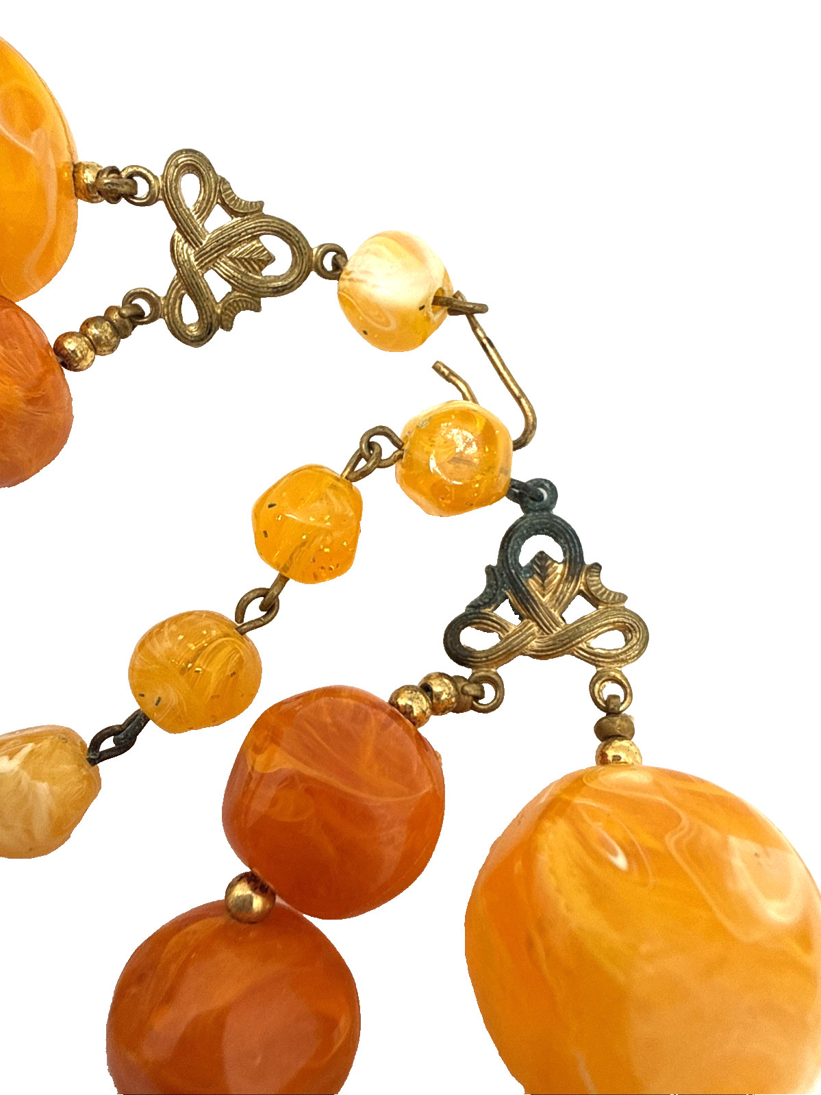 Vintage Double Strand Beaded Choker Necklace Orange Lucite Swirl Mid Century 18″