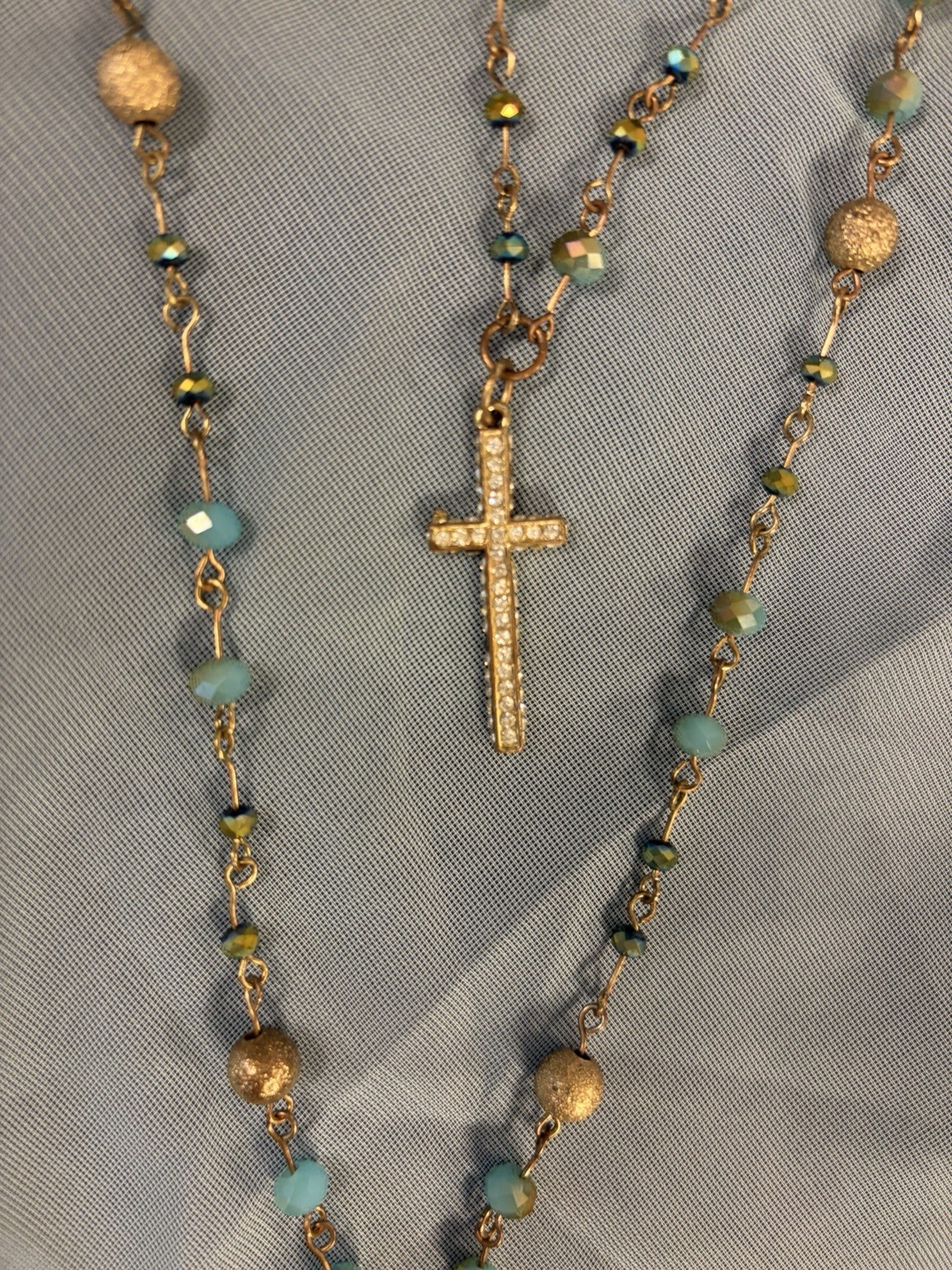 Vintage Rosary Style Choker Necklace 20” Blue Crystal + Gold Stardust Earrings