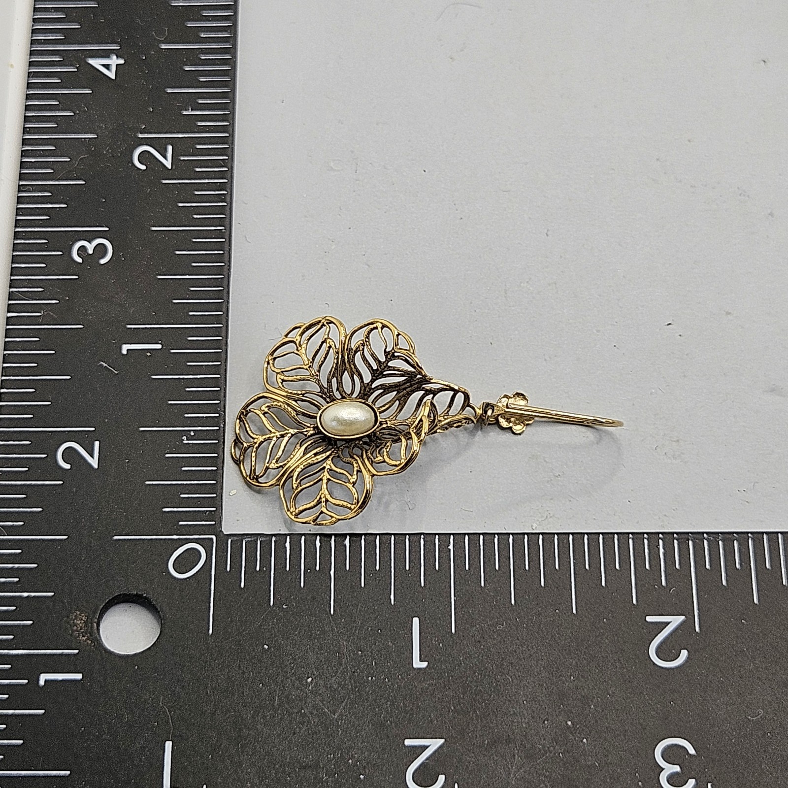 Vintage Gold Tone Filigree Faux Pearl Earrings Dangle Pierced`Hook Bell Flower