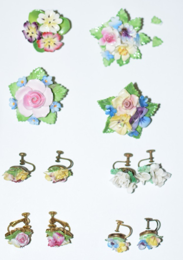 Vintage lot Denton and Staffordshire England Bone China brooches/earrings, as is