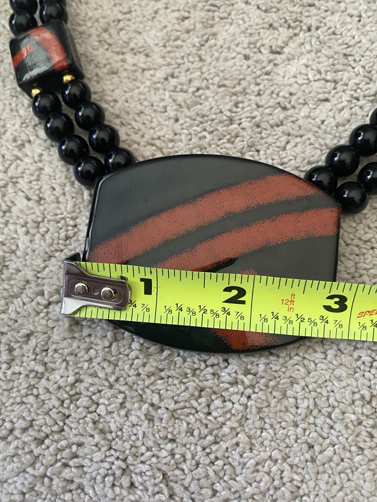 VTG Japan Beaded Statement Necklace Red Black Ceramic Pendant