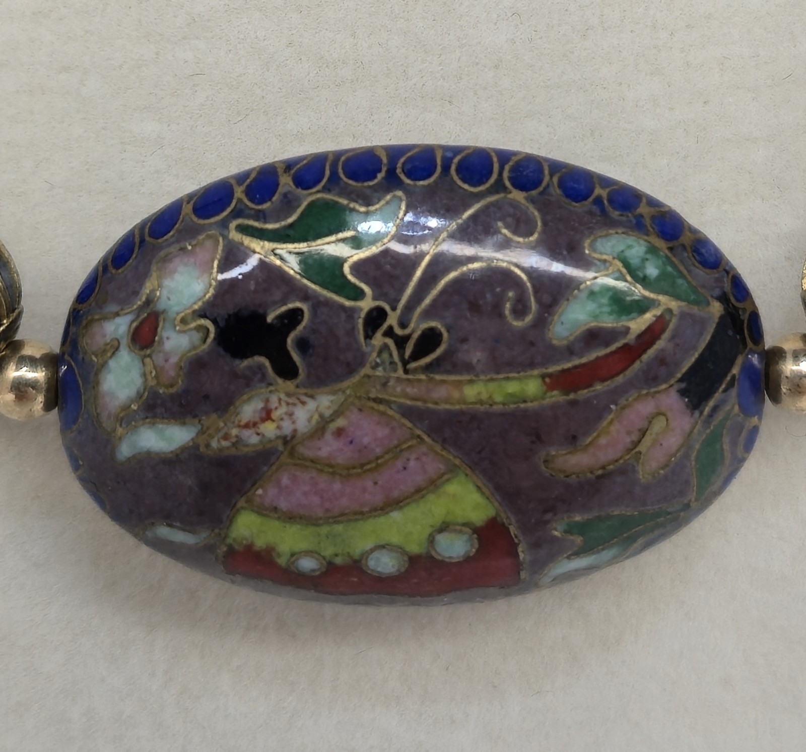 Dragon Vein Agate Bead W/ Cloisonne Enamel Pendant Necklace 18″ Sterling Clasp