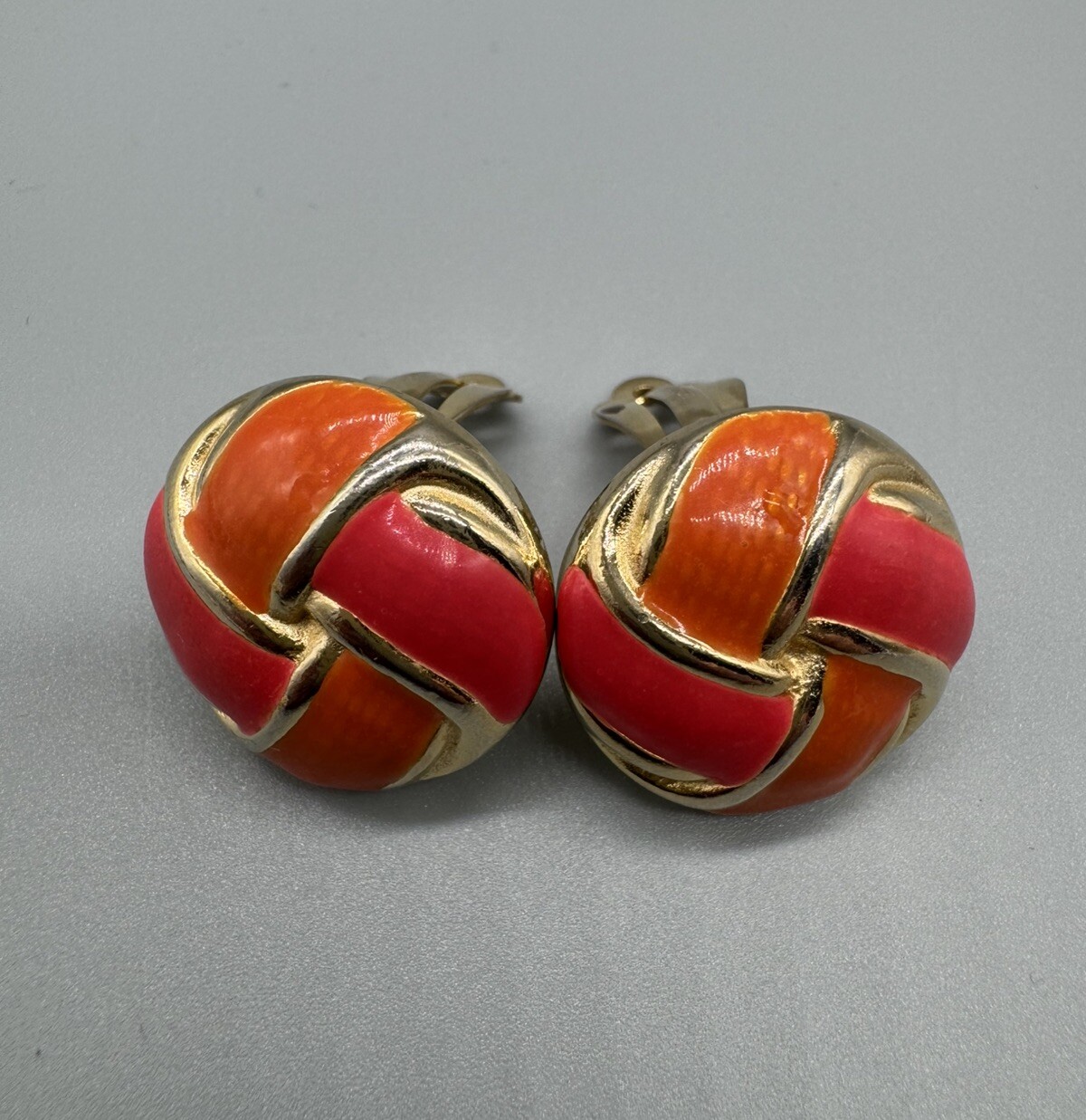Vintage Gay Boyer Intervene Red Orange Enameled Gold Tone Clip On Round Earrings