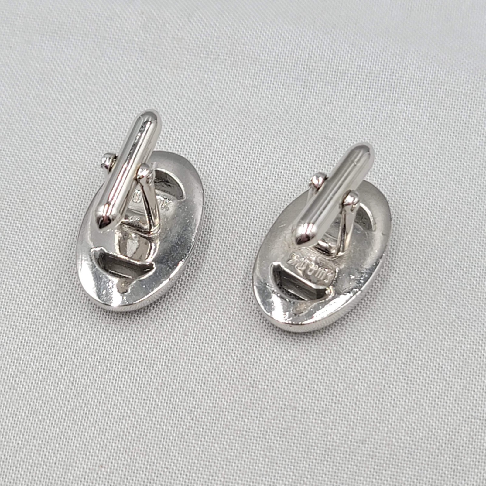 Vintage Swank Mens Cufflinks Green Rhinestone Silver tone Oval 1″