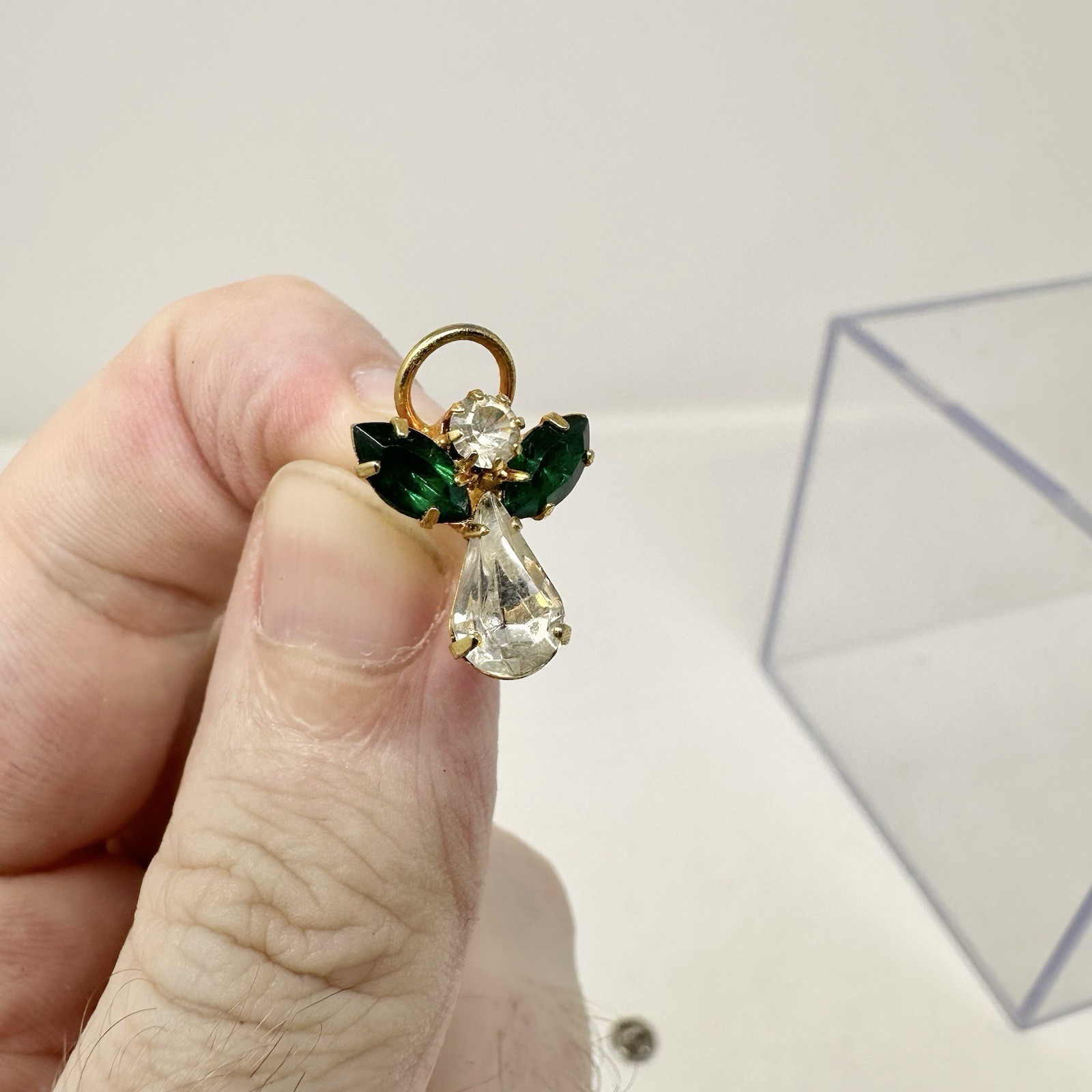 Vintage Green Emerald May Birthstone Guardian Angel w Halo Pin