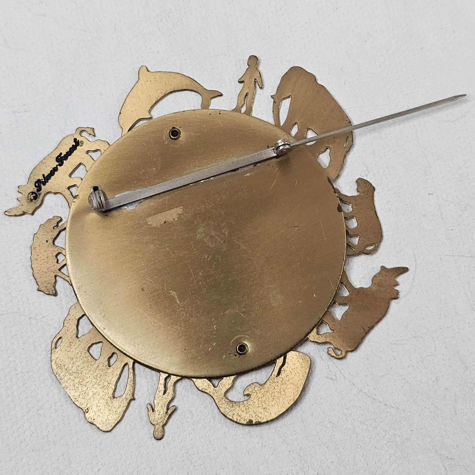 Vintage Signed Silver Forest One World Earth Brooch Brass Cut-Out Animals Trees