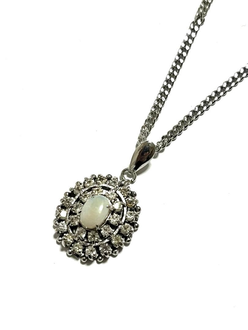 Vintage Opal Necklace Silver 925 Rhinestone Pendant 45cm Elegant Jewelry