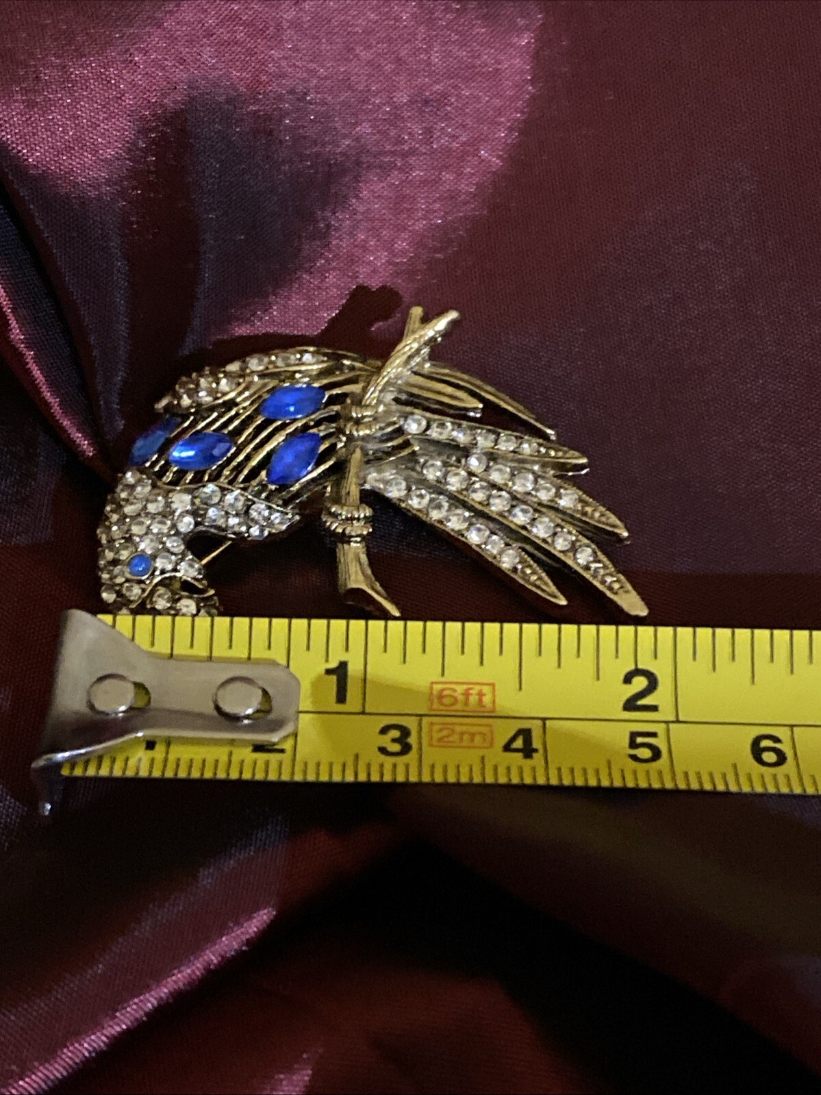 Vintage Parrot Brooch Glass Rhinestone’s Gold Tone Blue And Clear Stones EUC 2”