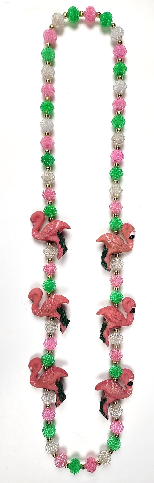 VTG Pastel Resin POPCORN Beaded Flamingo Necklace Pink Green FUN witty Wear
