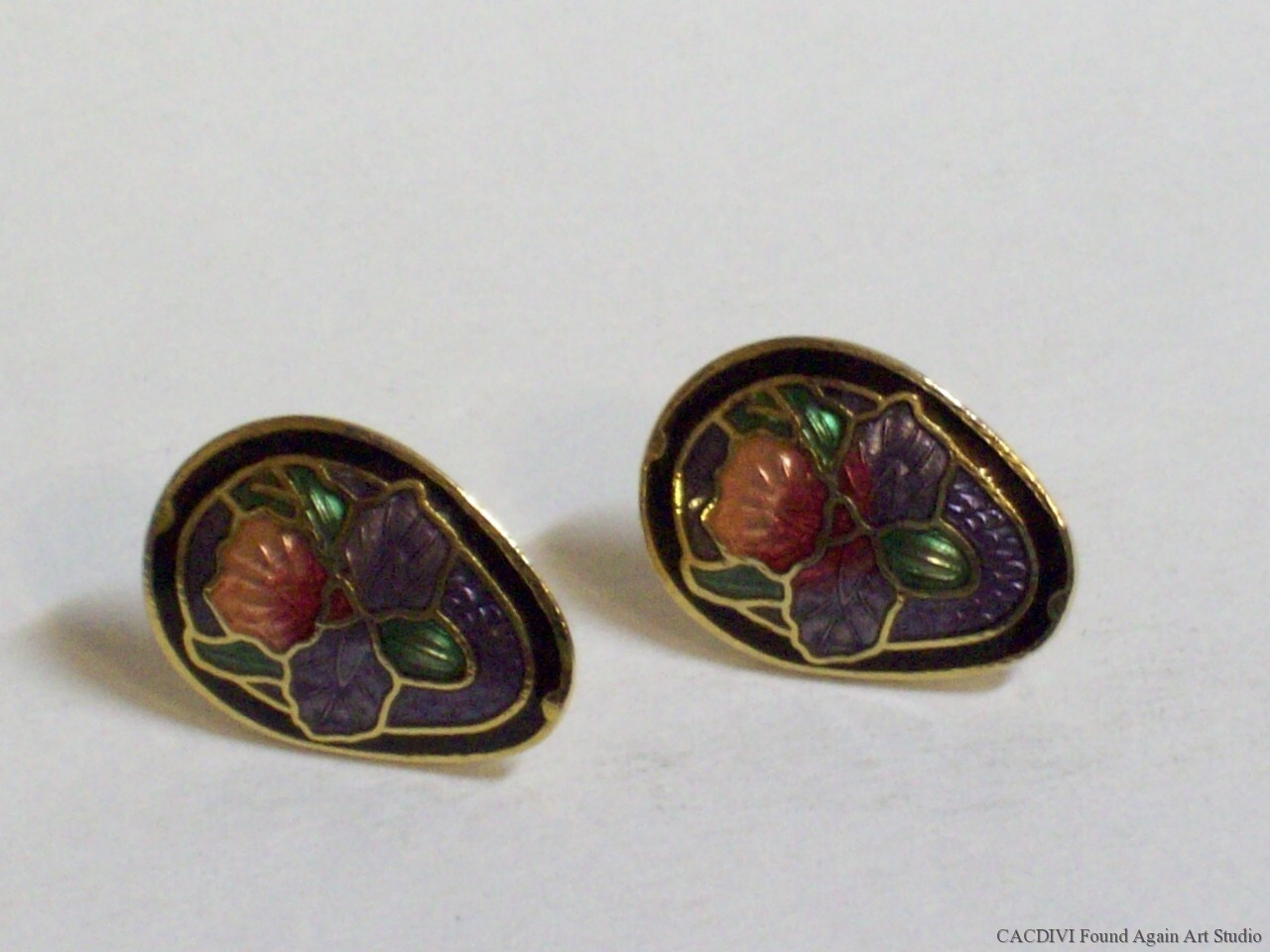Retro Enamel Orchid Earrings Small Purple Pink Multi Color Cloisonne Flowers Vtg