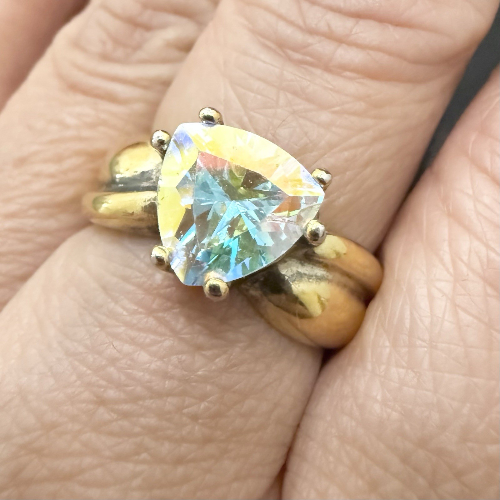 UTC 925 Vermeil Gold Over Sterling Silver Mystic Topaz Trillion Cut Ring Size 8