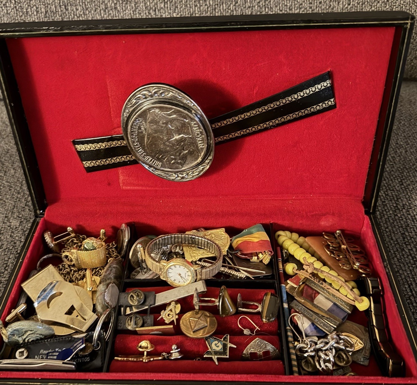 Swank Jewelry Case Filled With Jewelry Cufflinks Ring Pins Coin Watch Misc Junk
