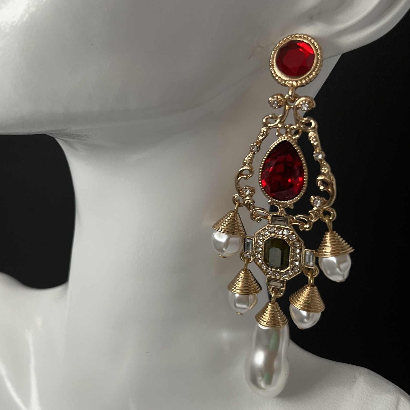 Baroque Chandelier Earrings Gold Red Faux Pearl Pierced Dangle Ornate Runway