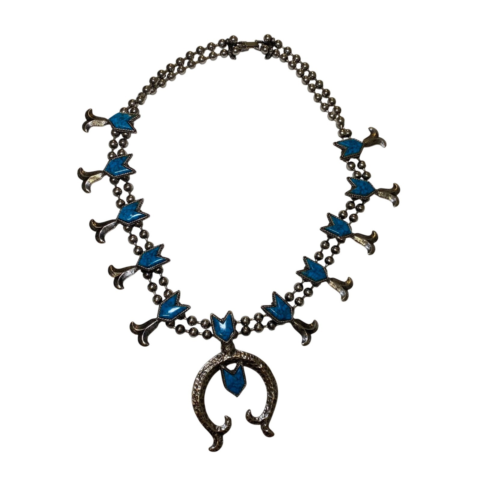 Vintage Southwestern Squash Blossom Style Necklace Turquoise Look Silver Tone