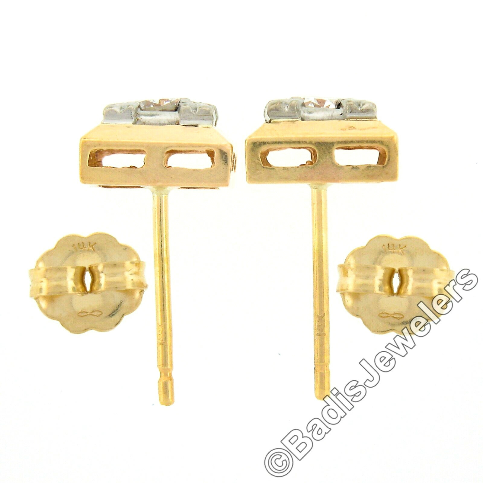 Vintage TT Gold .35ct Round Brilliant Diamond Polished Square Stud Earrings