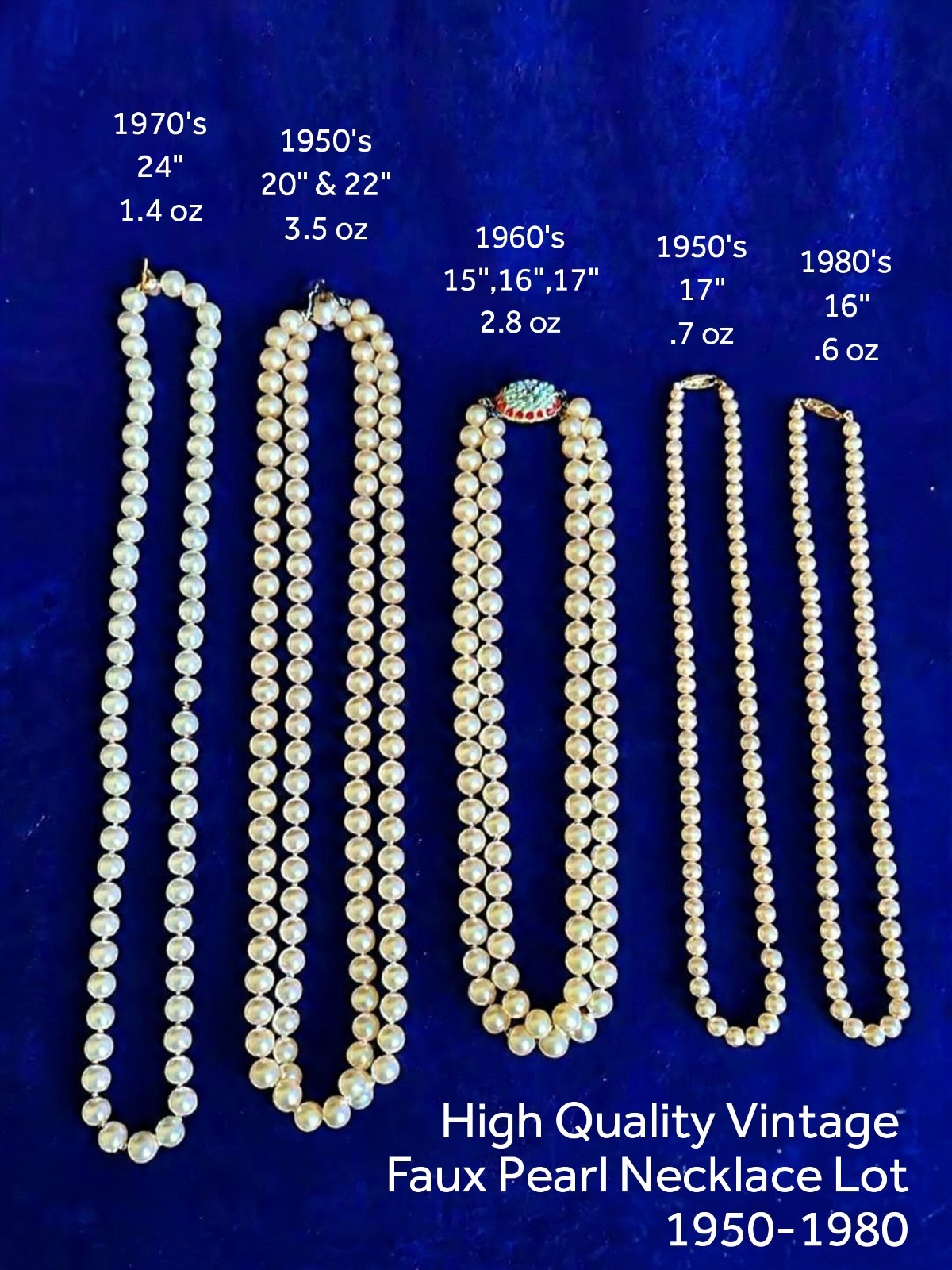 Vintage Faux Pearl Necklaces Lot-5 Pcs, 1950s-1980s, Various Lengths