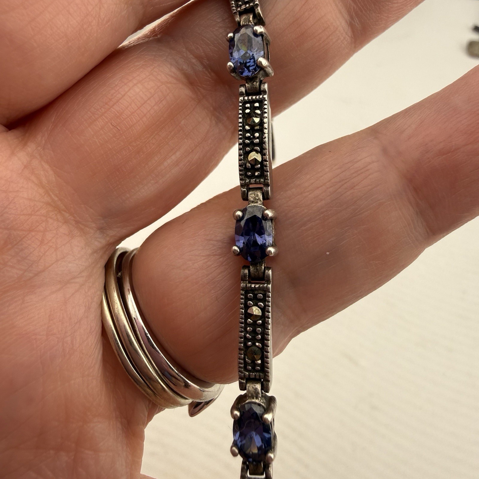 Vintage 925 CW Sterling Bracelet Blue Stones Marcasite 7.5” 13.36g