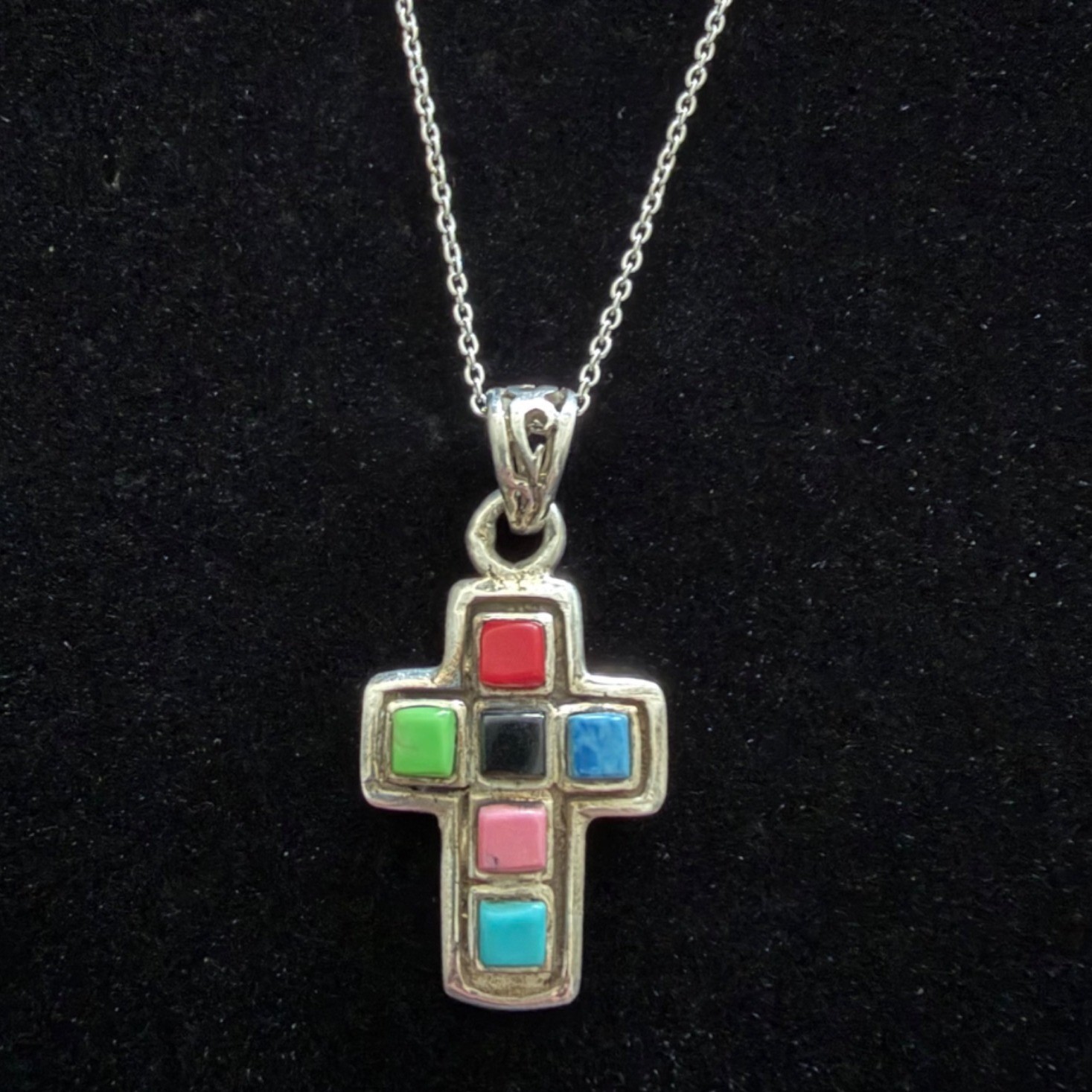 Vintage Cross Pendant Necklace Sterling Silver Turquoise Colorful Rainbow Stones