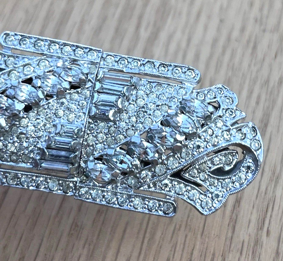 Antique Art Deco Clear Rhinestone Pot Metal Duette Brooch Pat. 1945268 Coro